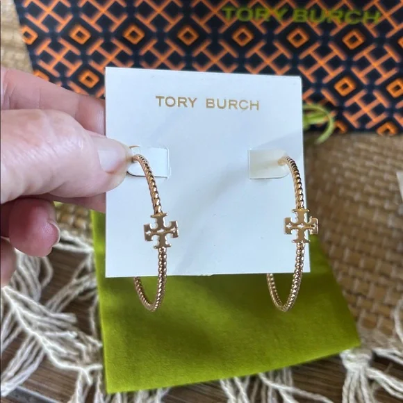 Tory Burch Gold Logo Textured Hoop Earrings - Picture 2 of 9